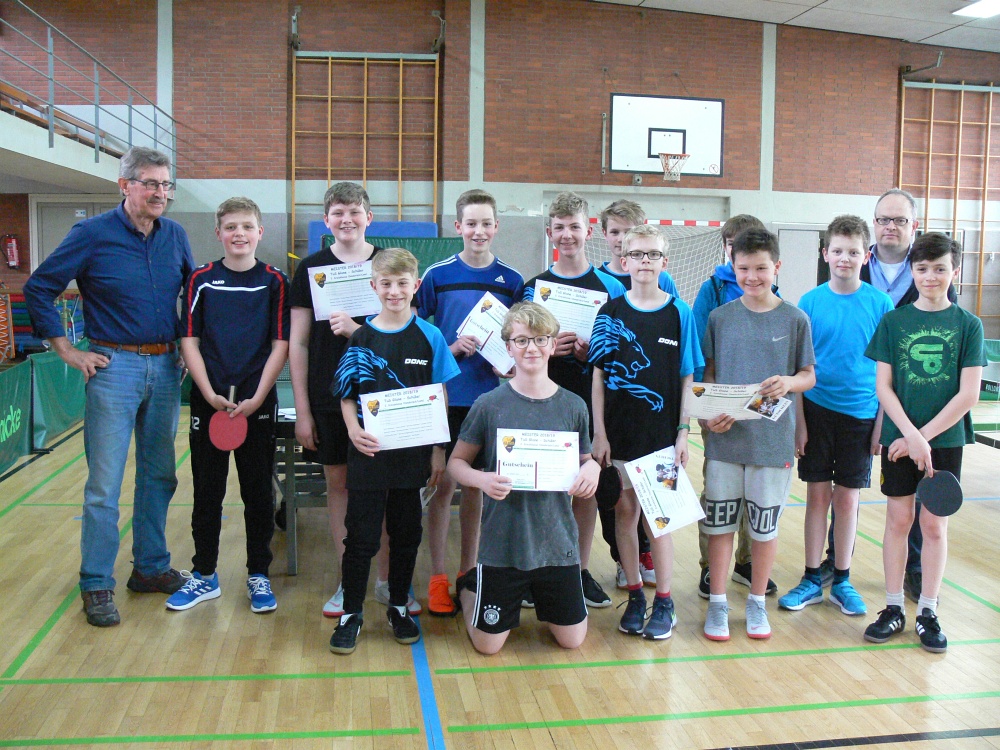 Trainer Josef Simeit, Leander Höcherl, Tjark Wellmeyer, Jonas Pelz, Matthias Hülsmann, Christian Burchert, Benedikt Temme, Matthis Wingbermühle, Felix Grüning, Justus Kniese (verdeckt), Julius Lackner, Marlon Hellmich, Trainer Stephan Hellmich und Paul Burger